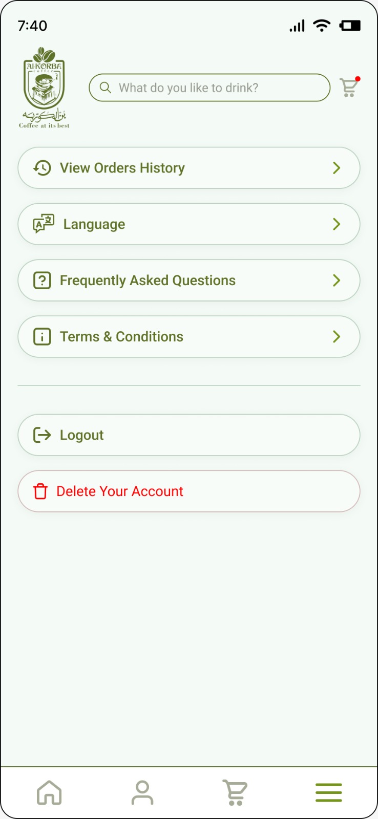 A screen shot of the app's settings page, at the bottom there is a button to delete the account