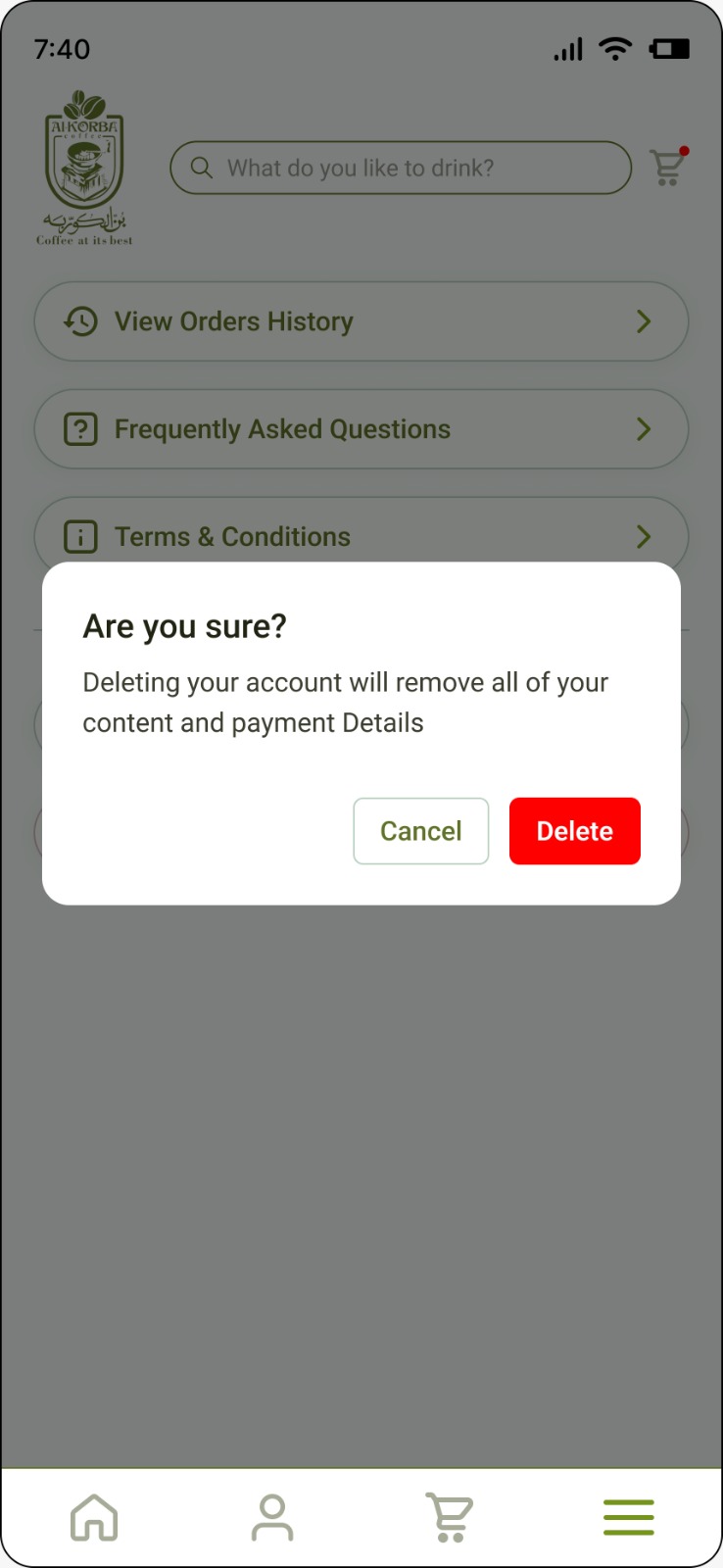 A screen shot that shows popup that asks the user to confirm the action of deleting their account